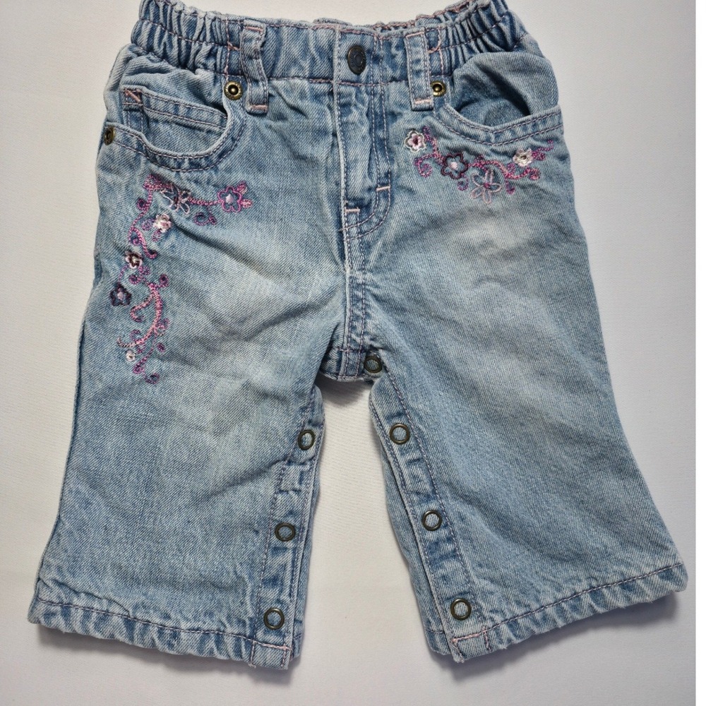 Vintage Childrens Place Baby Girl Floral Embroidered Lined Jeans 3-6 Months Blue